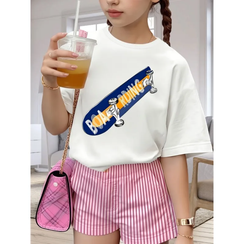 Boarding Blue Orange Skateboard Print Kids T-shirt Soft Cotton O-Neck Short Sleeve Unisex Boys Girls Summer Casual Tops