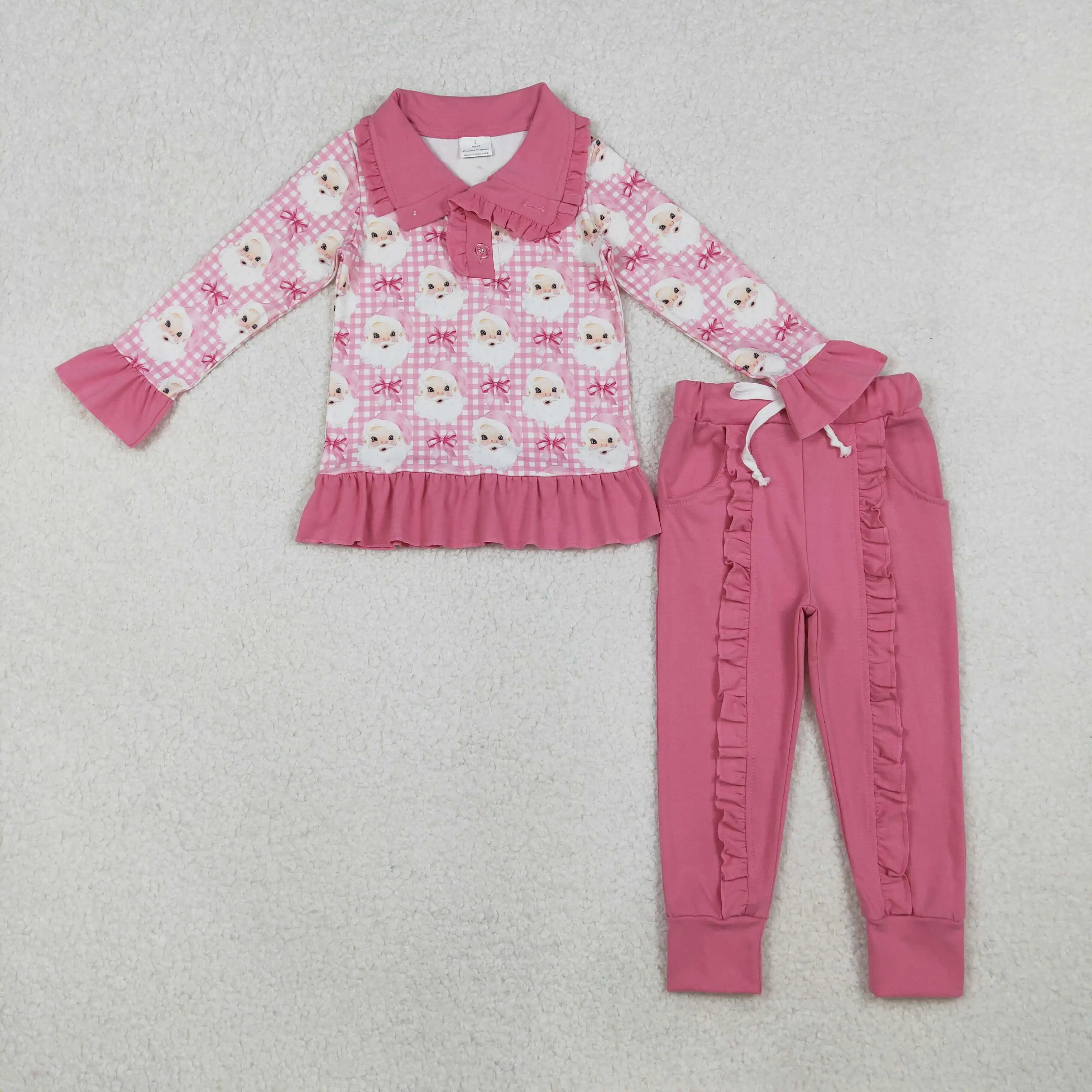 

X10.15 Wholesale winter baby girls Santa Claus bow pattern pink and white plaid button long sleeve trousers suit