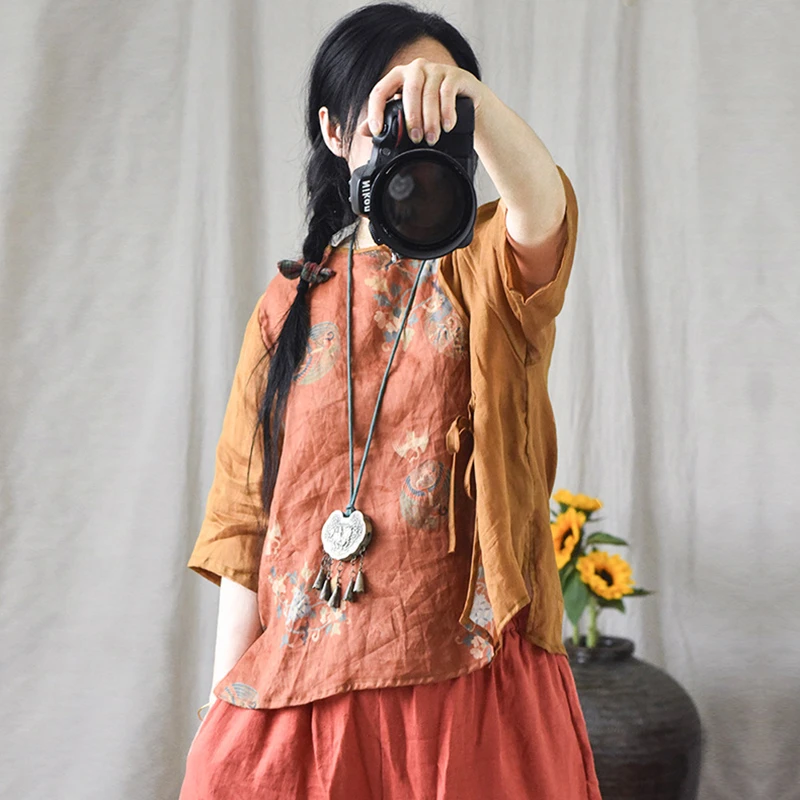 Donne di stile cinese Casual T-shirt di lino Nuovo arrivo 2025 Estate Vintage O-Collo Patchwork Stampa Allentato Femminile Magliette e camicette Tees M1364