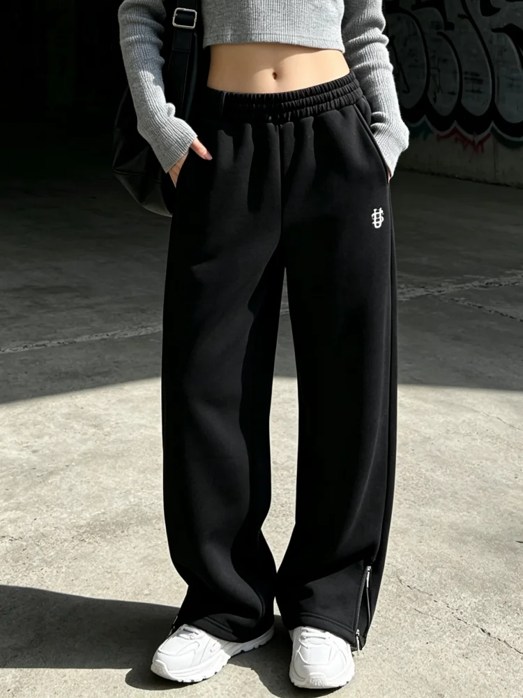 Y2k Street Trendy Hosen für Damen, Hip-Hop-Stickerei, Unisex Freizeithosen, elastischer Bund, Reißverschluss, locker geschnittene, einfarbige Sport-Sweatpants – Detail 8