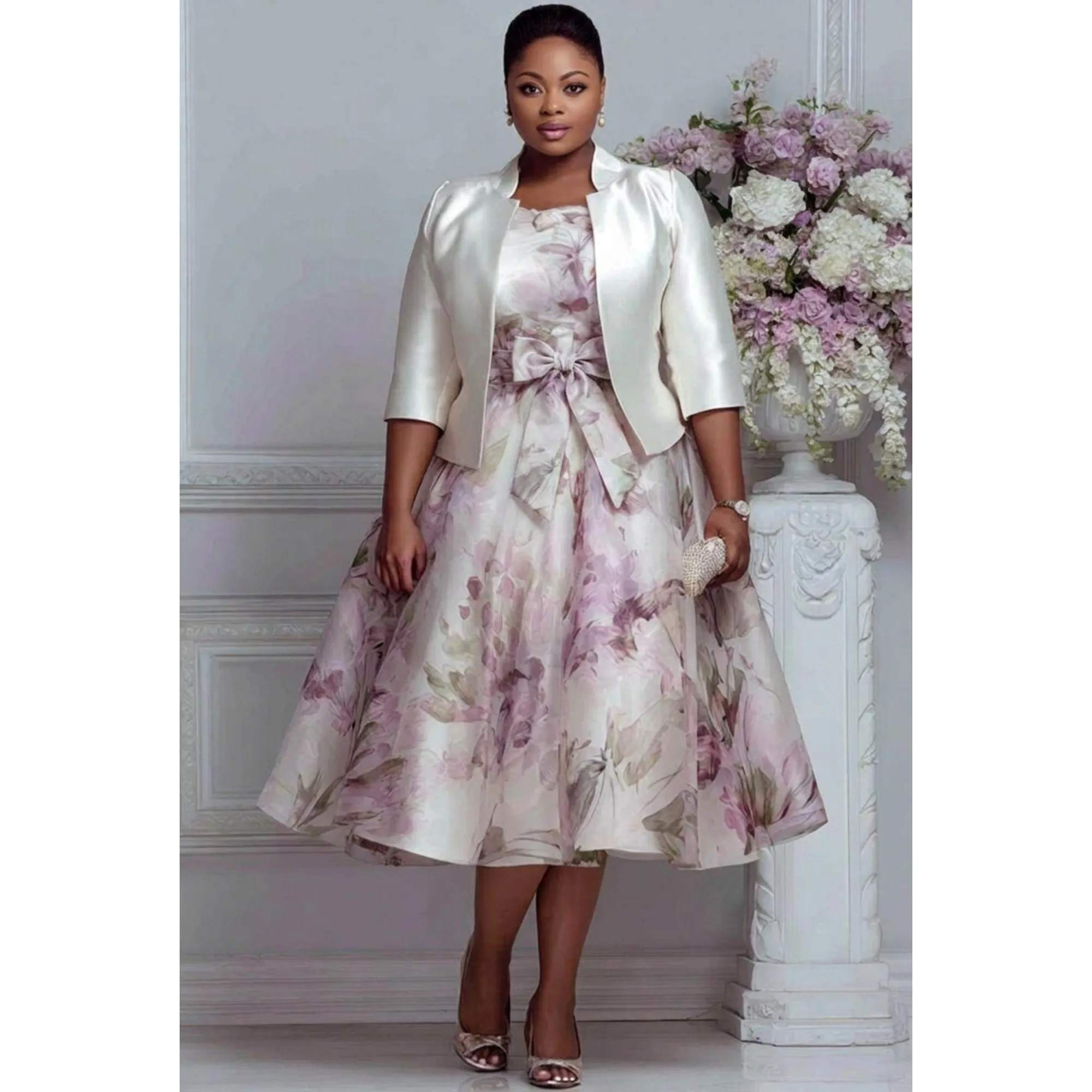 Floral Print Plus Size 2 Piece Set For Women Satin 3 4 Sleeve Cropped Jacket Midi A Line Formal Dress For Wedding Guest Evening