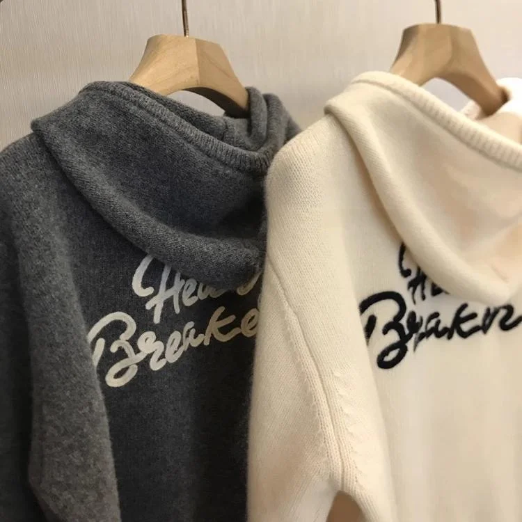 

Женский шерстяной свитер с капюшоном и шнурком, самовязаный с надписью Ba Long Sve, свободный крой, зимняя мода, для поездок на работу