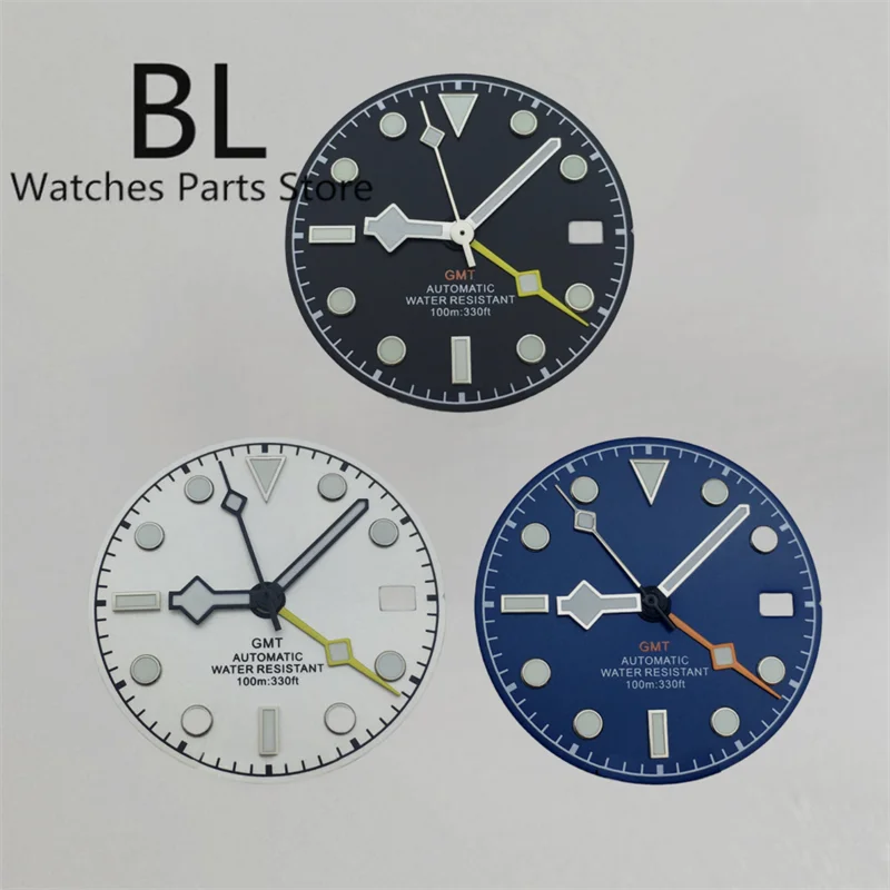 Bliger 29mm Zifferblatt schwarz blau weiß Schneeflocke Zeiger orange gelb gmt Zeiger passen nh34 Bewegung grün leuchtend 3 Uhr Krone