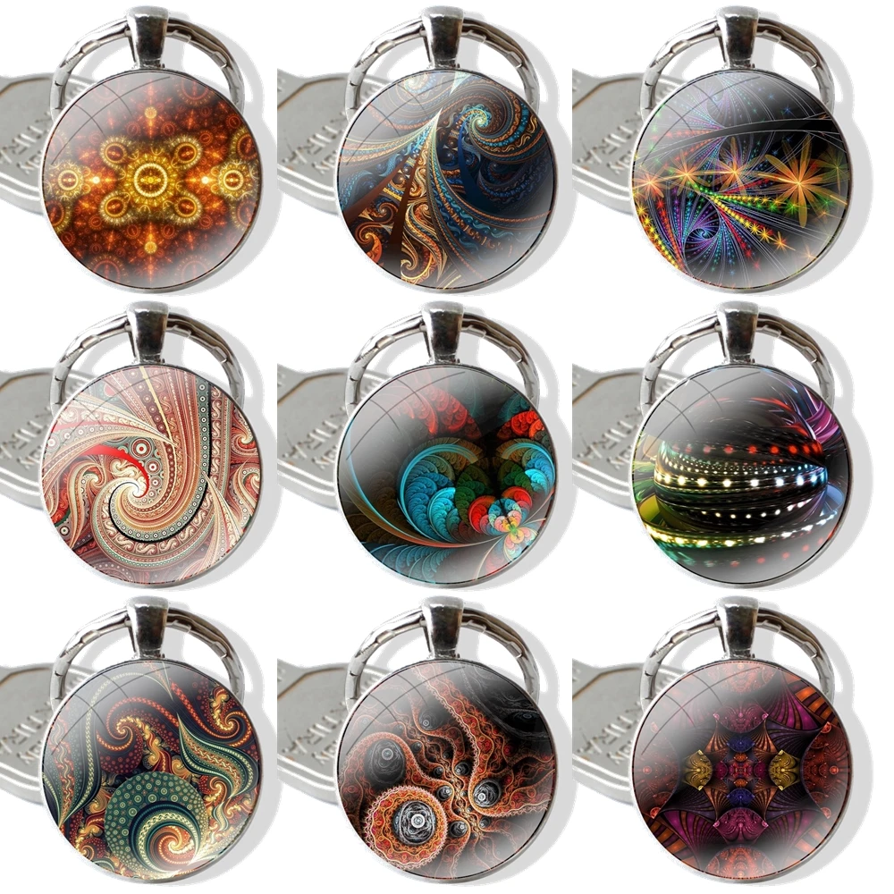 Fashion Cartoon Creative Design Keychain Handmade Glass Cabochon Key Ring Holder Pendant Key Chains Colorful Fractal