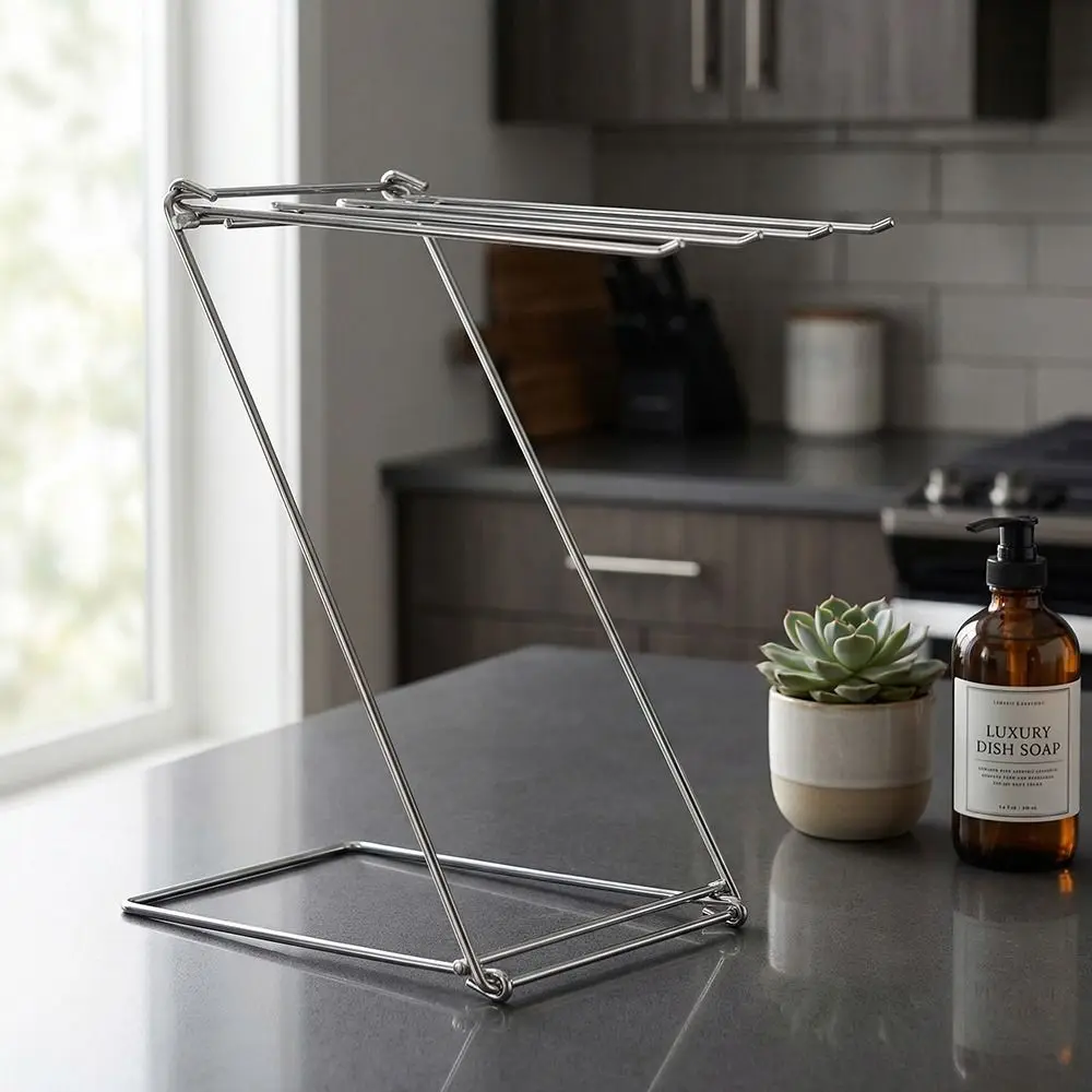 

Stainless Steel Dishcloth Hanging Shelf 4 Rods Foldable Design Rag Drain Holder Multifunctional Quick Dry Sink Hand Towel Stand