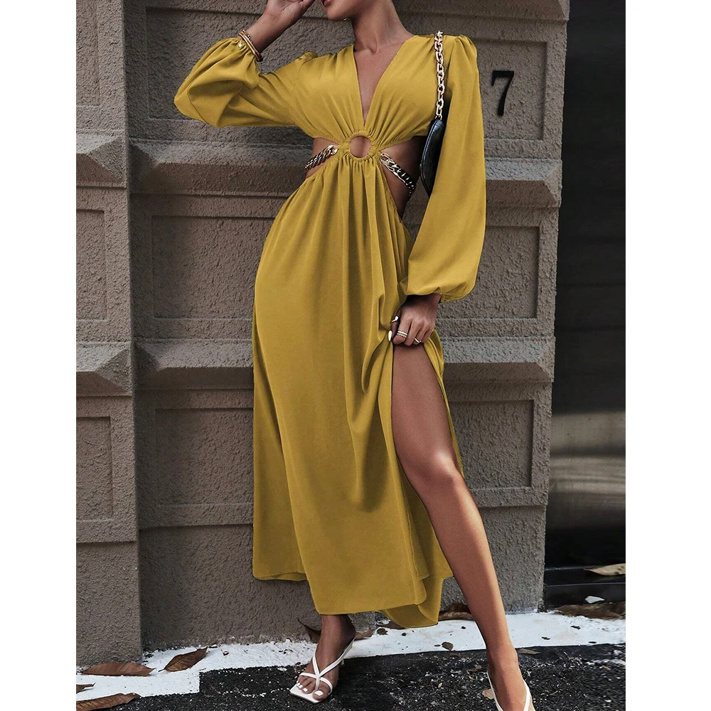Women's Sexy Solid Color Long Sleeve Deep V-Neck Maxi Party Dress Autumn 2025 Waist Cutout Chain Detail High Slit