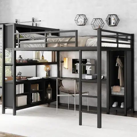 Queen Size Metal Loft Bed with Wardrobe & L-shaped Desk, Heavy Duty Storage Bed for Kids, Teens, & Adults, Black Finish,