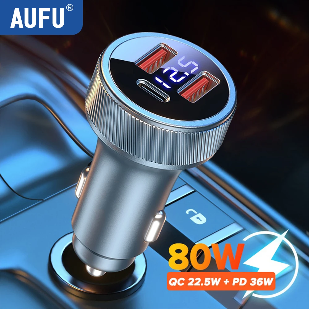 AUFU 3 Ports 80W Car Charger Fast Charging PD QC3.0 USB C Car Phone Charger Type C Adapter in Car For iPhone Samsung iPad Laptop