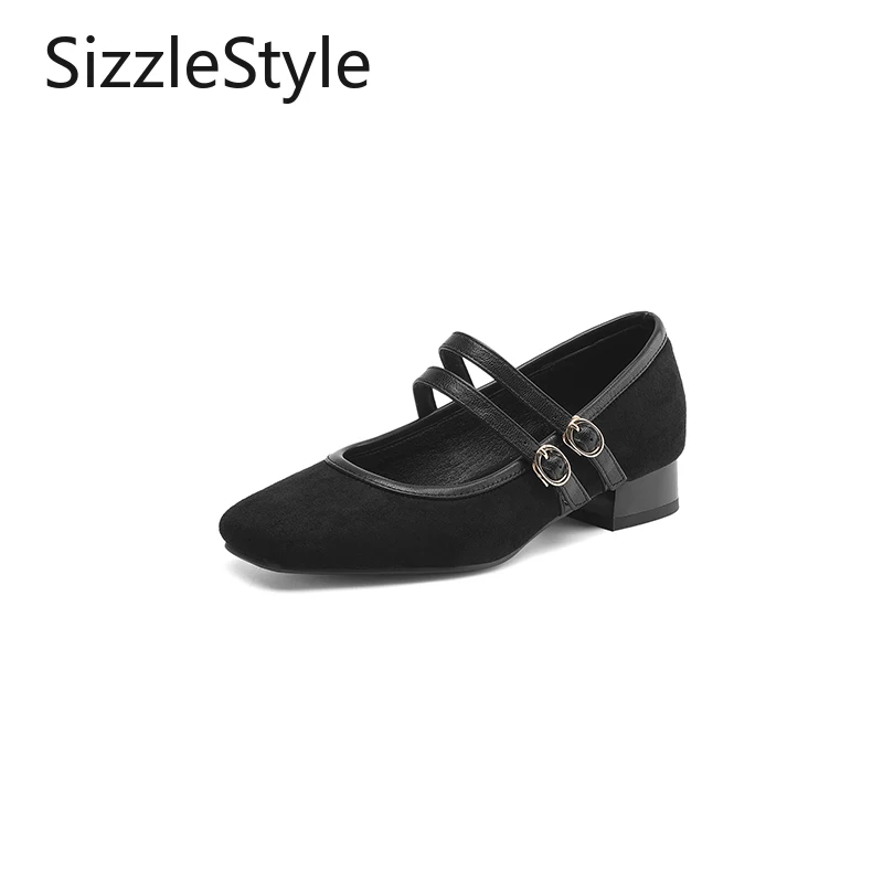 

Fashionable Women's Square Toe Double-breasted One-line Buckle Shallow Mouth Comfortable Low Heel Mary Jane Shoes
