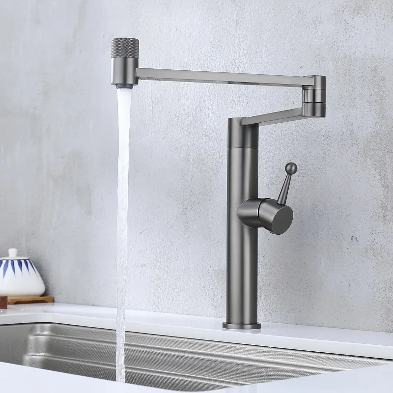 

Deck Mounted Single Hole Kitchen Sink Faucet One Handle Hot and Cold Mixer Taps 2 Modes Kitchen Folding Sink Faucet Gray