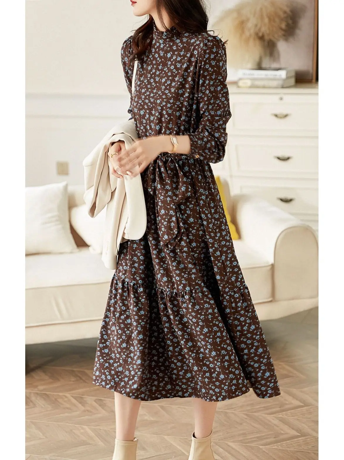 

Commute Style Floral Print A-Line Midi Dress Long Sleeve Stand Collar Slimming Women's plus Size Casual Wear Winter Season