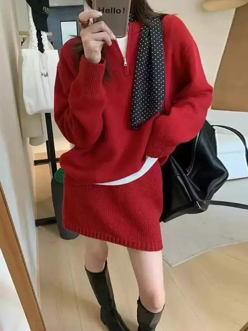 Genuine wool 100% half zipper knitted woolen sweater top skirt two-piece set of European goods 2024 winter new