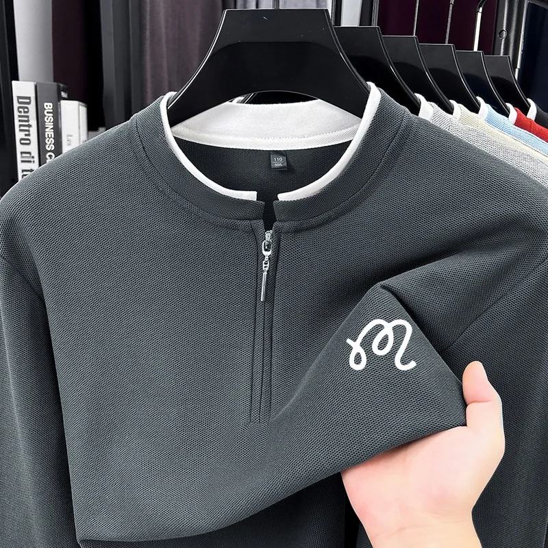 100% Cotton Warm Advanced Design Stand Collar Men Print T-Shirt Fake Two Piece Solid Color Long Sleeve Tops Exquisite Men's Wear