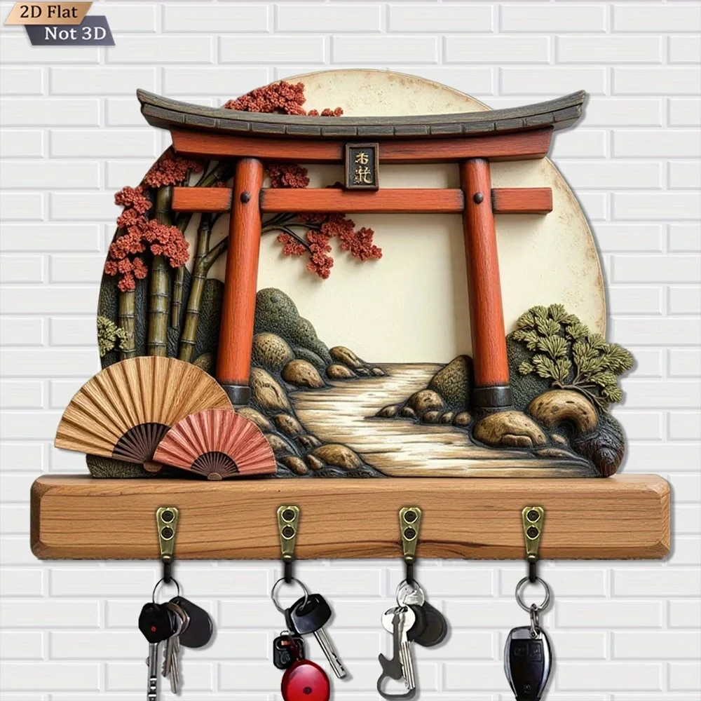 2D Flat, 1pc, Japanese Style Torii Landscape Wooden Multifunctional Home Key Hook & Rack, with Four Metal Hooks, Wall Decor,