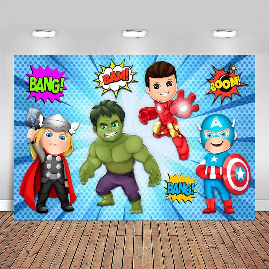 Cartoon Superhero Theme Photography Backdrop Happy Birthday Party Banner Photo Background Decoration Studio Booth Props