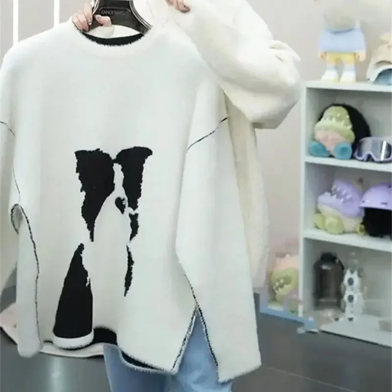 Autumn New Dot Pattern Mohair Knit Pullover Women Loose White Soft Womens Wool Sweater Versatile Mink Knitwear