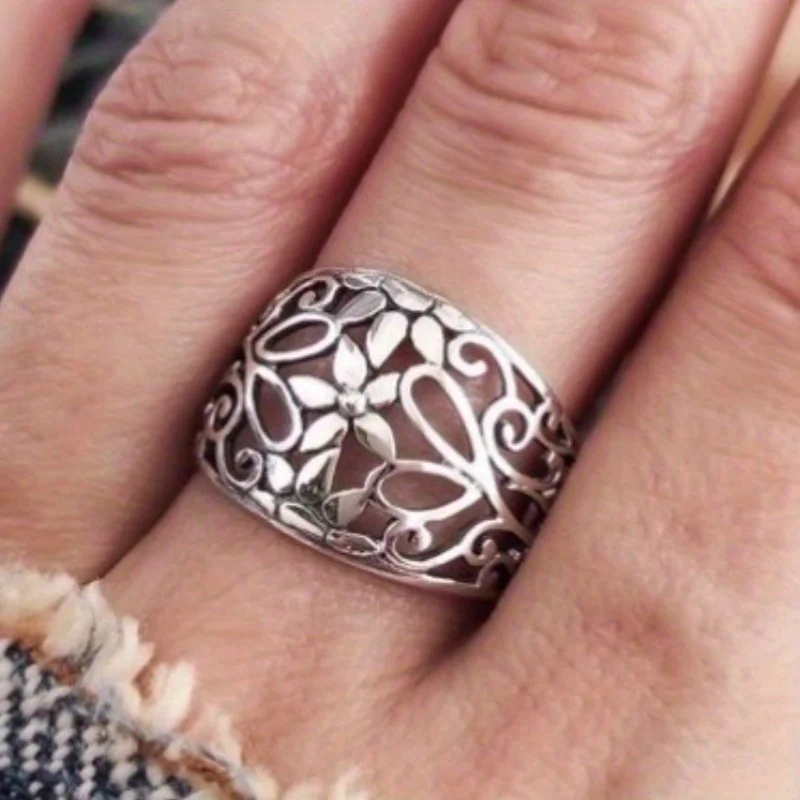 

Винтажное женское кольцо с цветочным узором ручной работы, серебристого цвета, металлическое, геометрическое, для повседневной носки, для вечеринок, ювелирное украшение, подарок на годовщину
