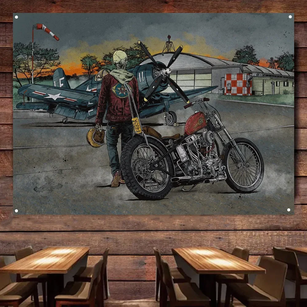 Skeleton Motorcycle Rider Vintage Fighter Poster Banner Gas Station Wall Decor Flag Cars Painting for Garage Home Decor Tapestry
