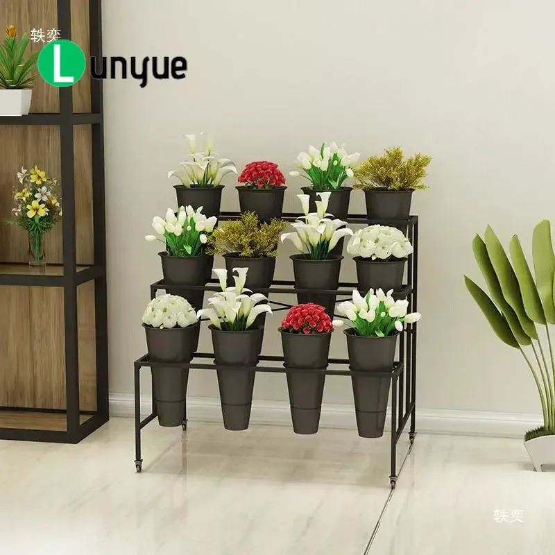 Wrought Iron Multi Layer Flower Stand with Universal Wheels Movable Plant Display Rack for Flower Shop Home Garden Decoration