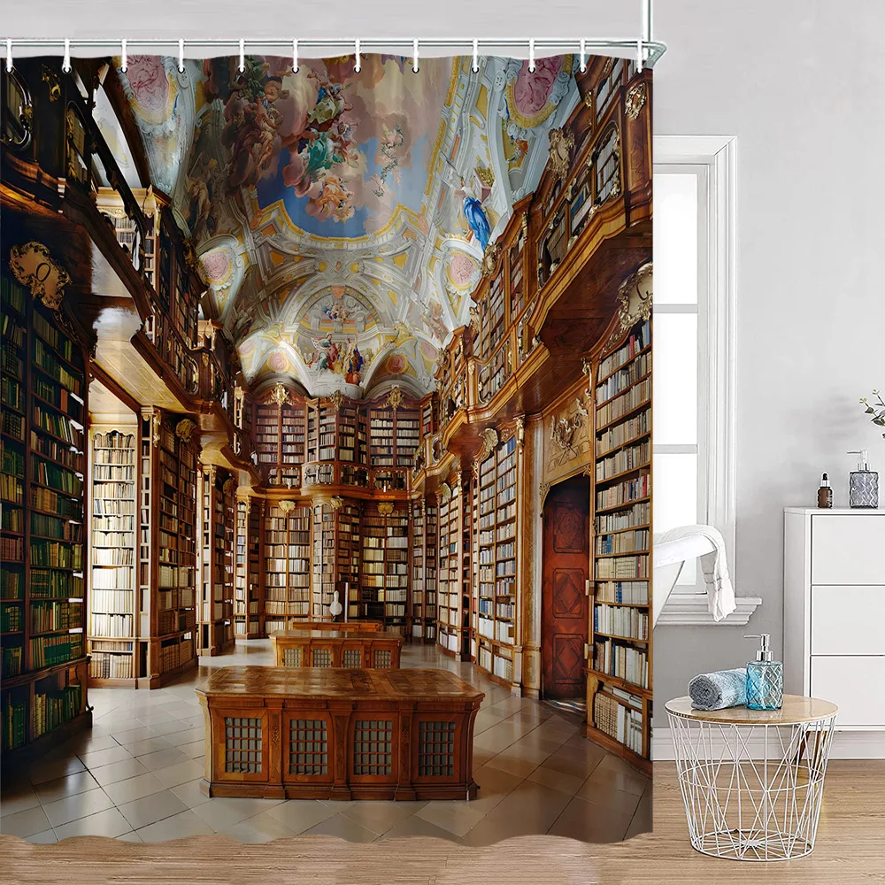 Vintage Bookshelf Shower Curtains Retro Library European Style Bookshelves Studying Bathroom Decorations Retro Bath Curtain