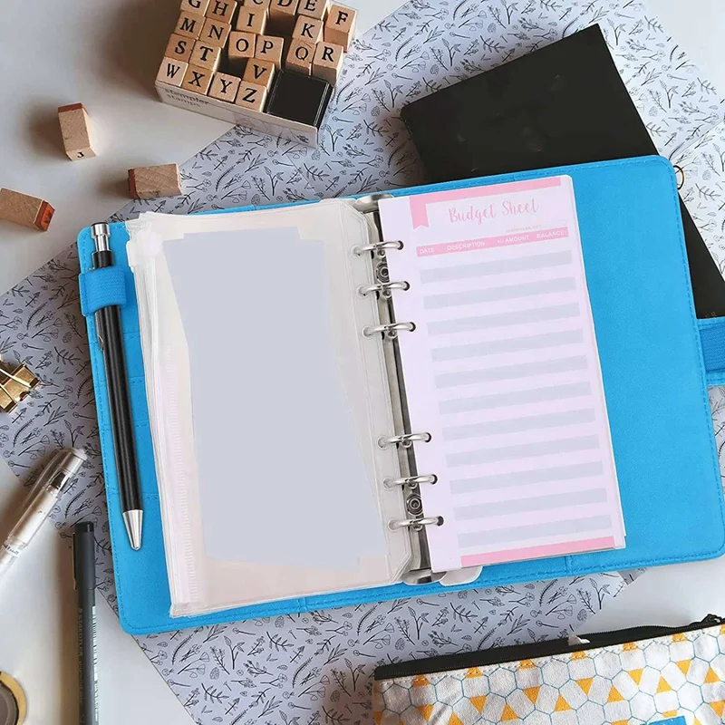 50 szt. Kieszonkowy zestaw do segregatorów ze skóry A6 PU, segregator do osobistego segregatora do oszczędzania pieniędzy, niebieski System kopert