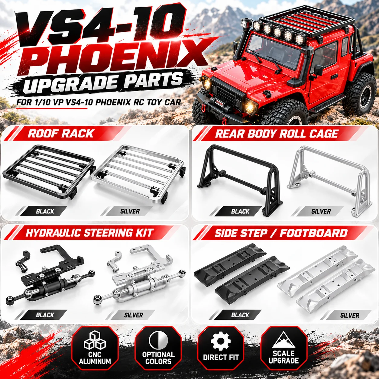 Aluminum Roof Rack Roll Cage Side Pedal Hydraulic Steering Servo Mount Accessories Upgrade for Vanquish VS4-10 1/10 RC Crawler
