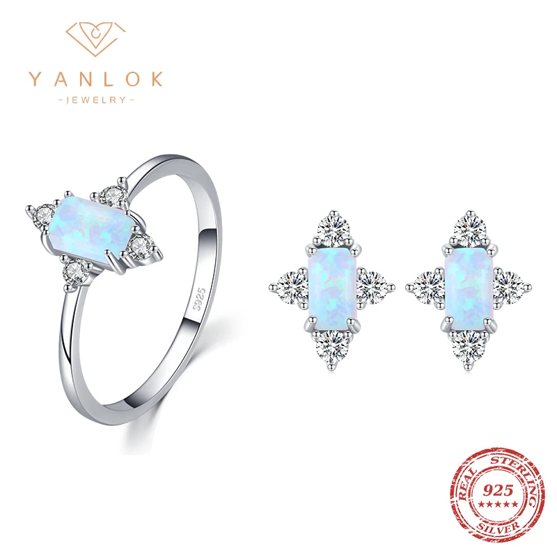 

YANLOK 925 Sterling Silver Opal Jewelry Sets Rings Stud Earrings Elegant High-end For Women Wedding Statement Fine Jewelry