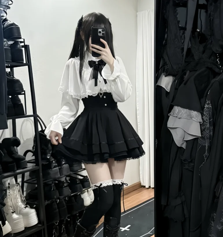 Japanese Subculture Lace Women Spring Summer Long Sleeve White Shirt Fashion High Waist A-line Age-reducing Black Cake Skirt
