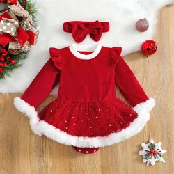 Baby Girls Christmas Clothes 2Pcs Newborn Infant Plush Patchwork Long Sleeve Dress Jumpsuit Hairband Set for Toddler 0-24 Months