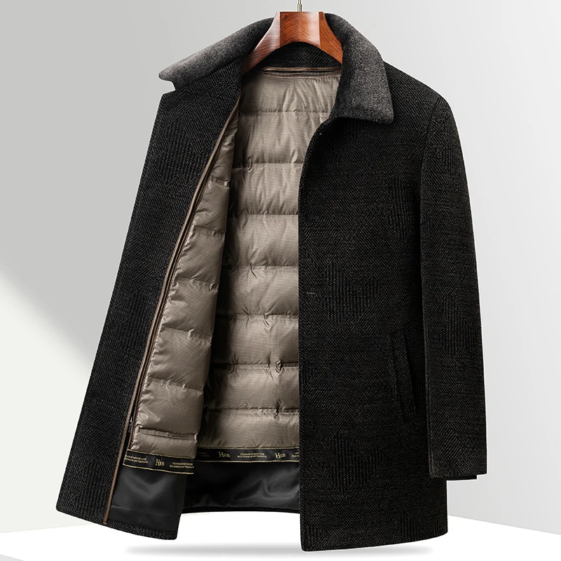 2024 Winter New Men's Woolen Coat Medium Long Detachable Down Inner Tank Middle aged Dad's Woolen Coat Warm and Cold Resistant
