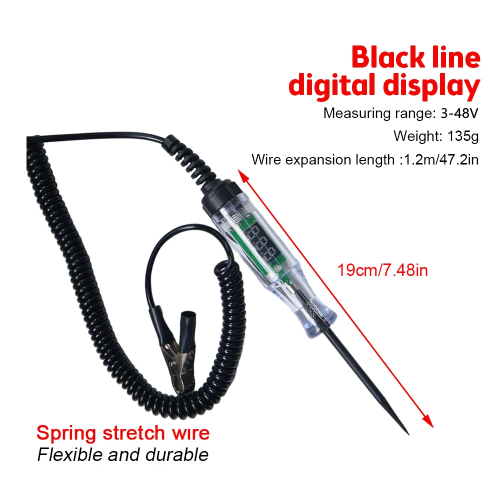 Auto Truck Voltage Circuit Tester DC 3V to 48V Digital Display Long Probe Pen Light Bulb Automobile Diagnostic Tools Car Repair