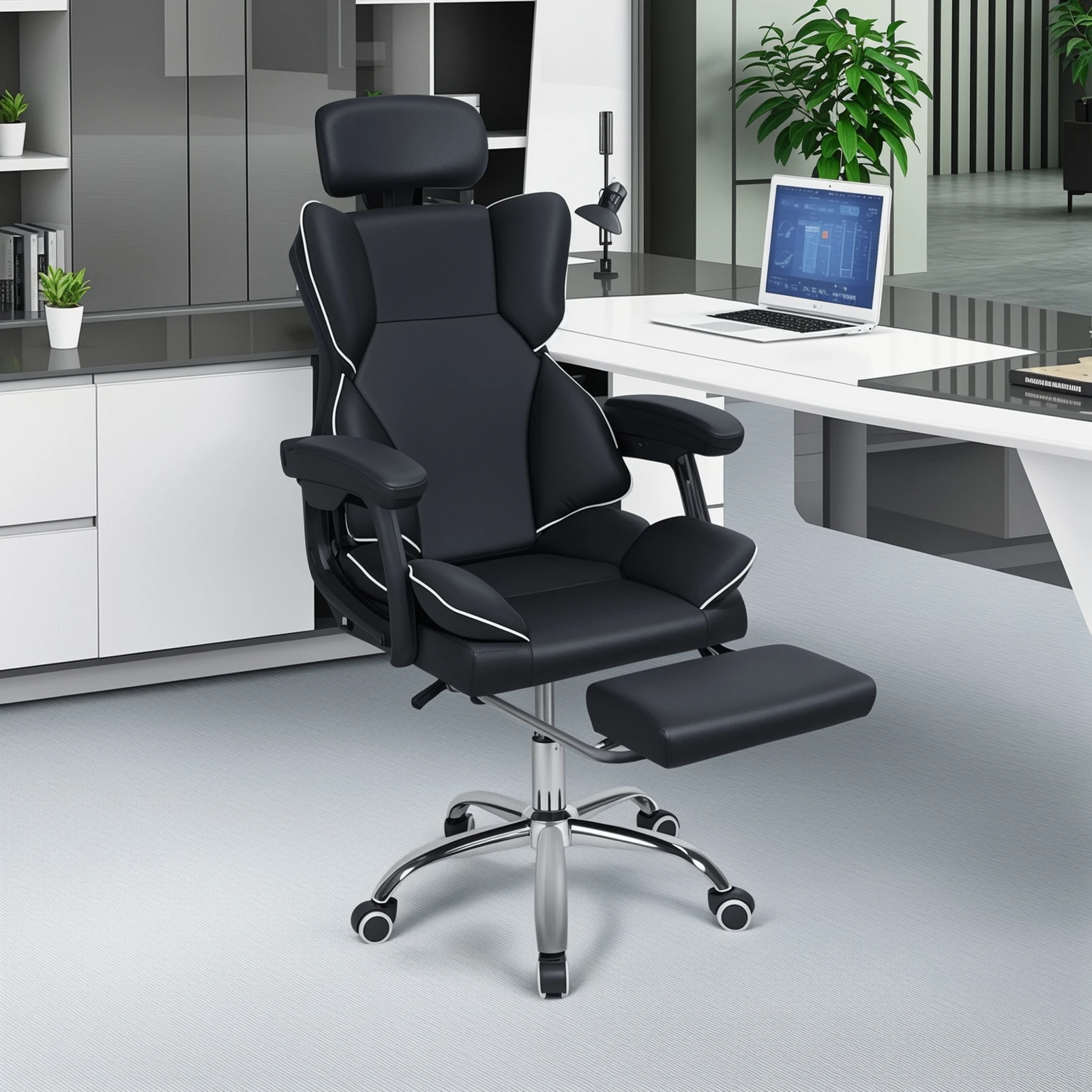 Office Chair with Footrest Gamer Chairs Ergonomic with Lumbar Cushion Headrest Gaming Chair Height Adjustable Computer Chair