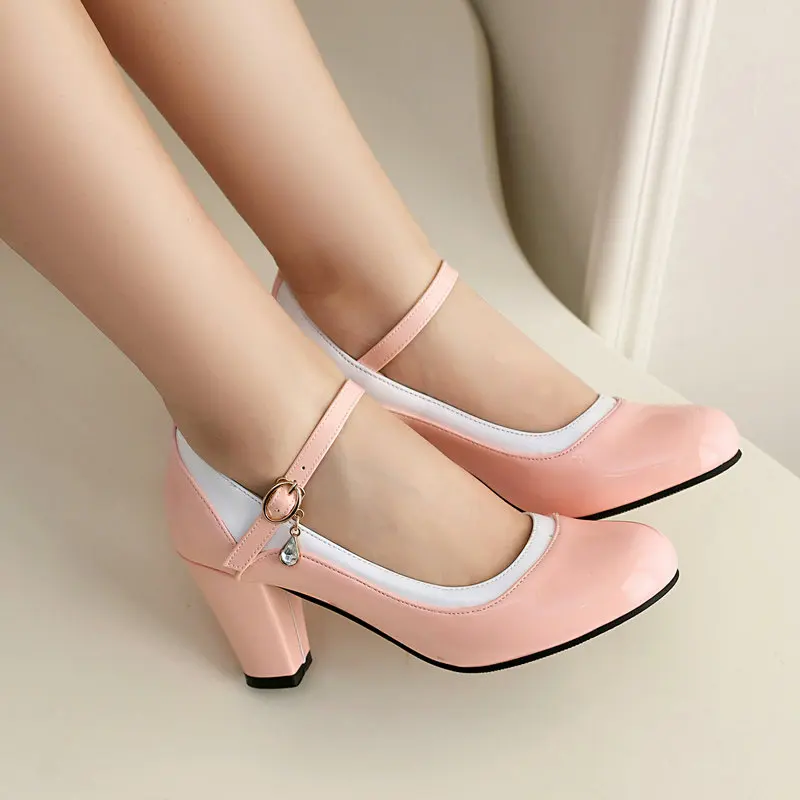 Plus Size 34-47 Mixed Color Pink Red Closed Toe Women Mary Janes Shoes Sweet Chunky High Heeled Pumps Fashion Mature Lady Heels