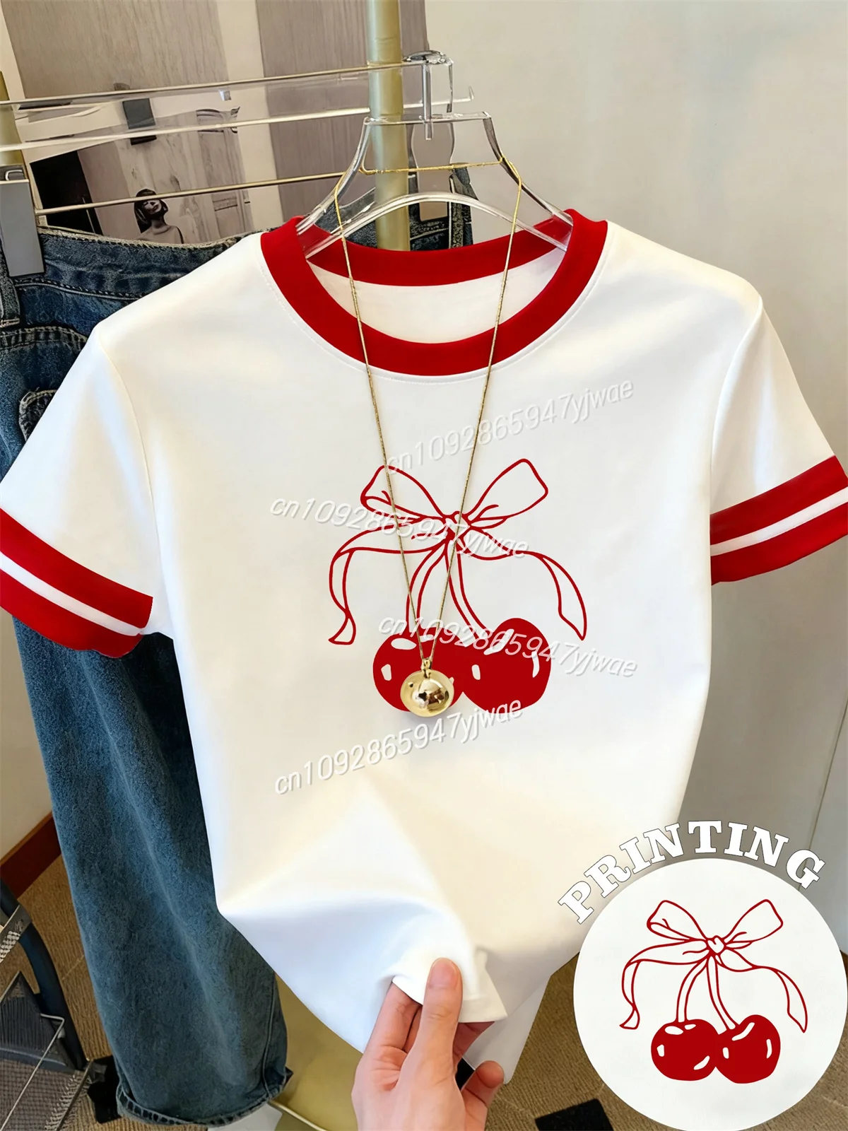 Camiseta con estampado gráfico de lazo de cereza y2k para mujer, camiseta informal con cuello redondo, ropa de calle a la moda, camiseta informal de verano para mujer