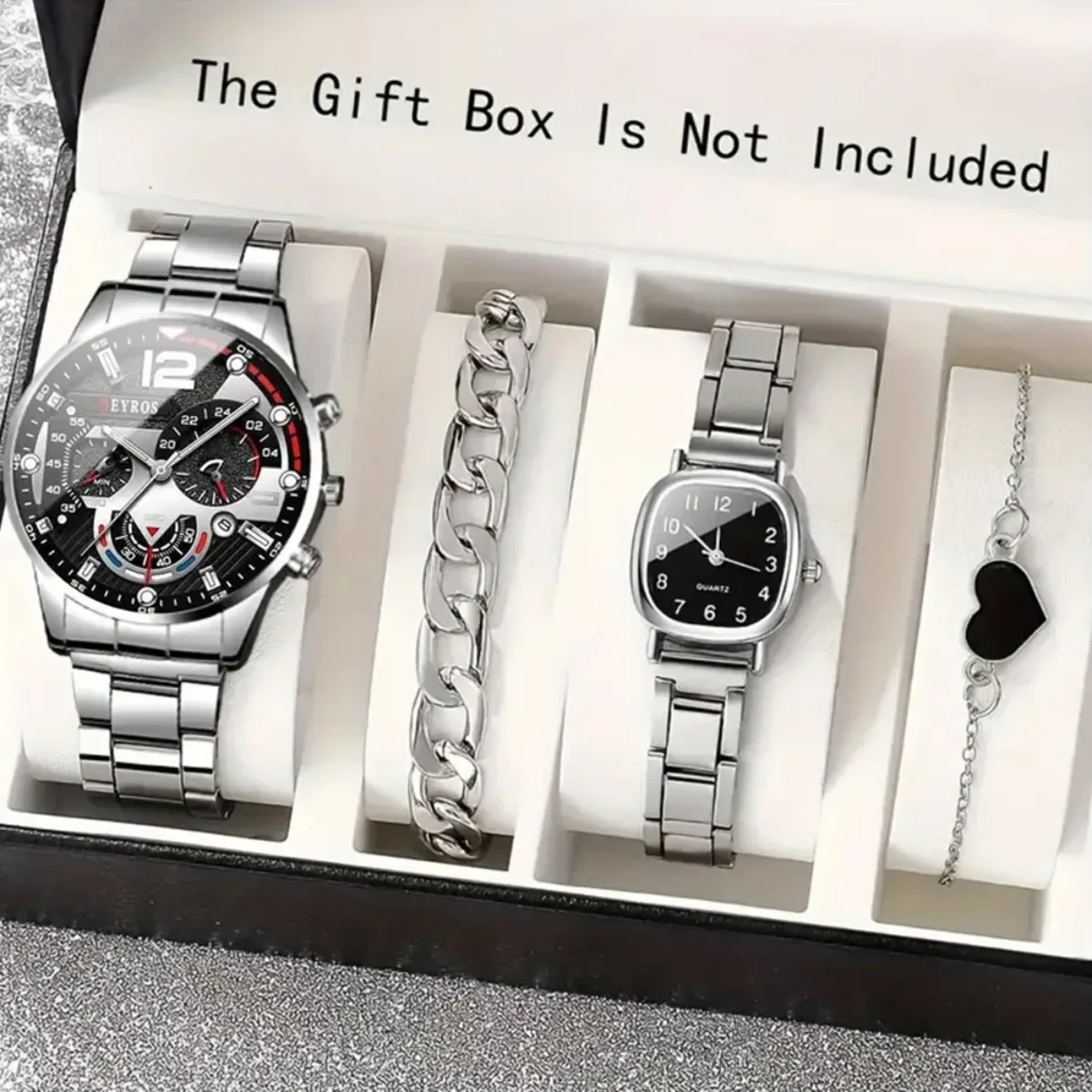 4pcs/set Couple Watches ，Quartz Watch Date Display Men's Wrist Watch， Alloy Strap Round Square Dial Watches for Men