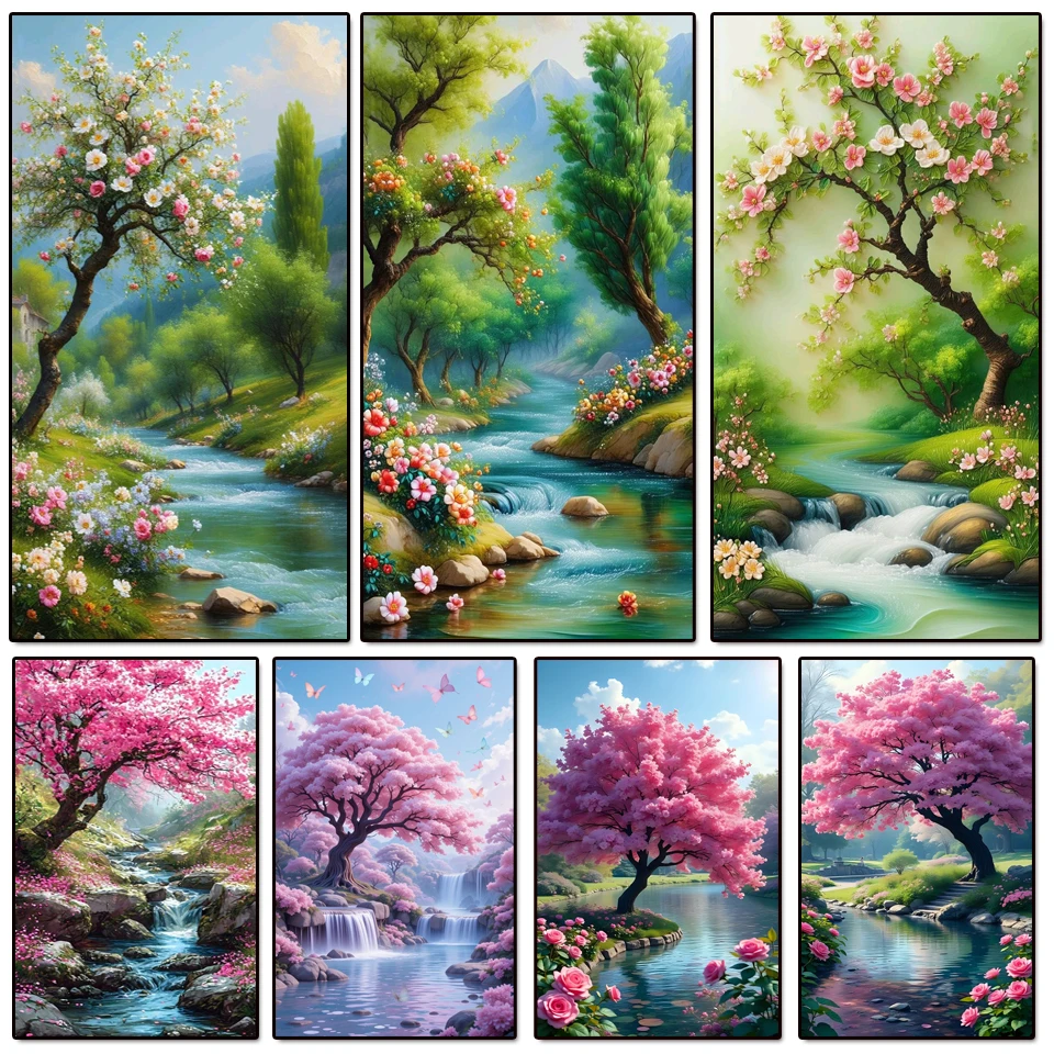 DIY Алмазная вышивка Новое поступление цветок дерево река живопись пейзажная картина стразы Алмазная мозаика домашний декор