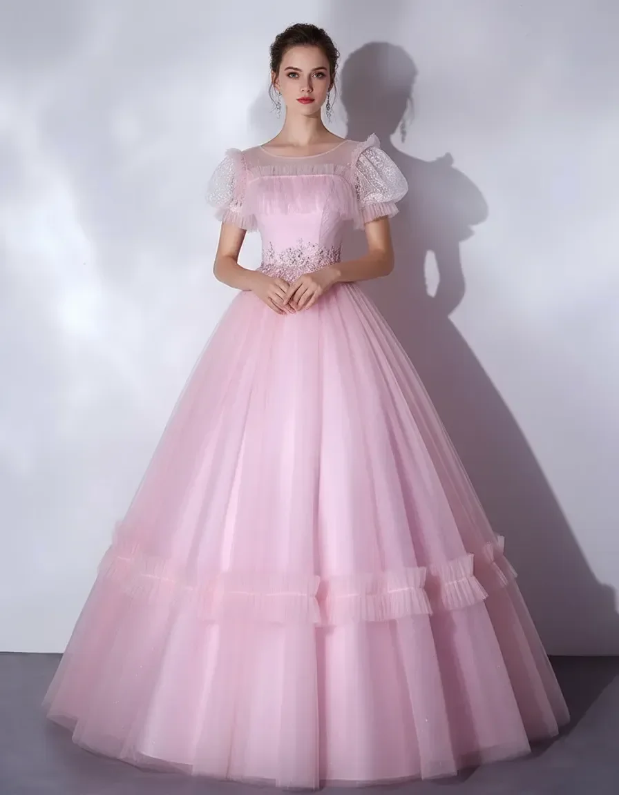 

Pink Round Neck Puff Sleeve Tulle Ball Gown with Lace Appliques Quinceanera Prom Dress with Free Petticoat