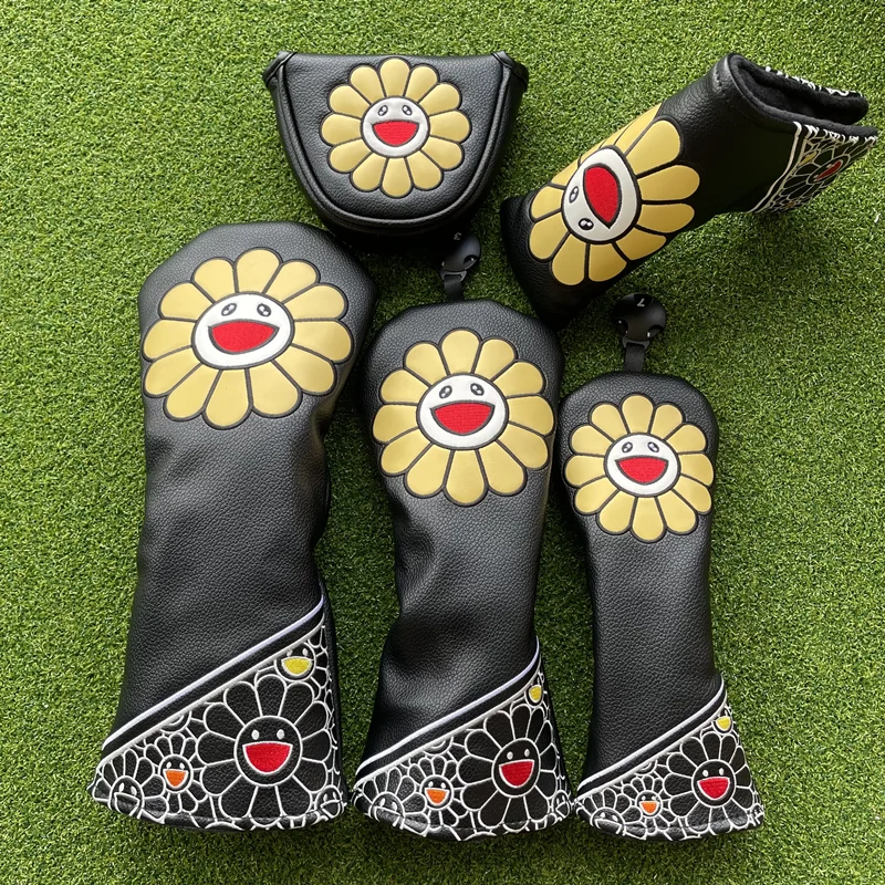 Şanslı ayçiçeği Golf Woods Headcovers sürücü Fairway atıcı için kapakları 135H kulüpleri Set kafaları PU deri Unisex