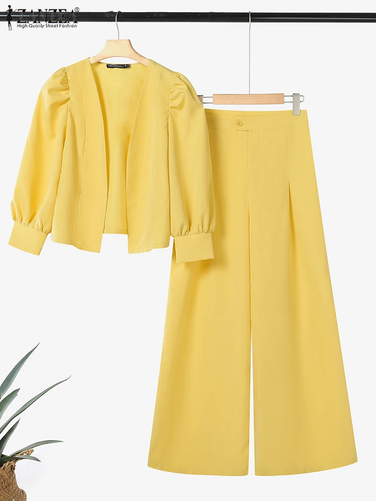 

Женские комплекты брюк ZANZEA Элегантный модный кардиган с длинными рукавами из 2 предметов и широкие брюки с высокой талией 2025 Однотонные наряды из двух предметов