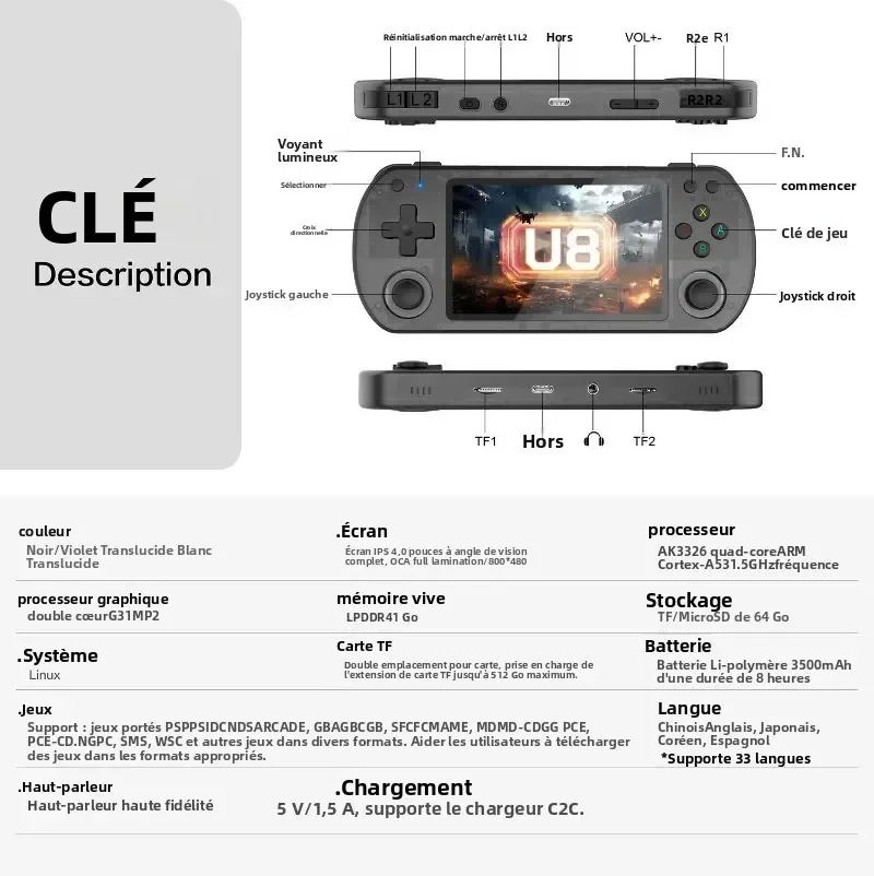 وحدة تحكم ألعاب فيديو محمولة باليد 128G U8 ريترو نظام لينكس 4.0 بوصة IPS شاشة R35s Pro مشغل فيديو جيب محمول وألعاب 64 جيجابايت #6