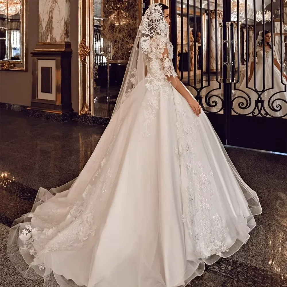 맞춤형 아라비아 빈티지 레이스 웨딩 드레스 A라인 아플리케 비딩 신부 드레스 여성용 프린세스 웨딩 드레스