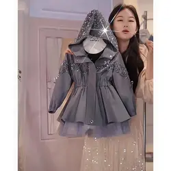 New Baby Kid Girls Fashion Hooded Grey Coat , Princess Kids Casual  Outwear  2-8T