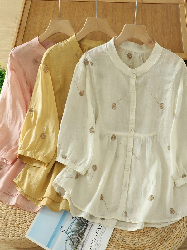 

Artistic Pure Color Embroidered Casual irt Women's Loose Fit Thin Sle Summer New Arrival Stand Collar Top