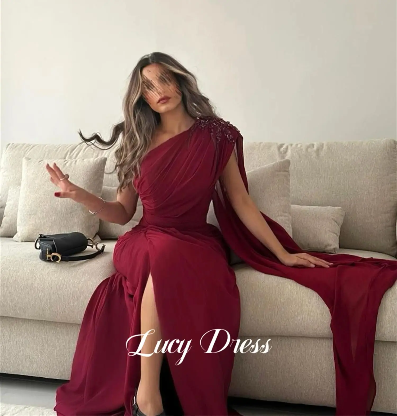 Lucy Ball Gown Graduation One Shoulder Sleeve Party Dress Claret Shawl Chiffon Eid Prom Dresses 2024 Luxury Happy Sharon