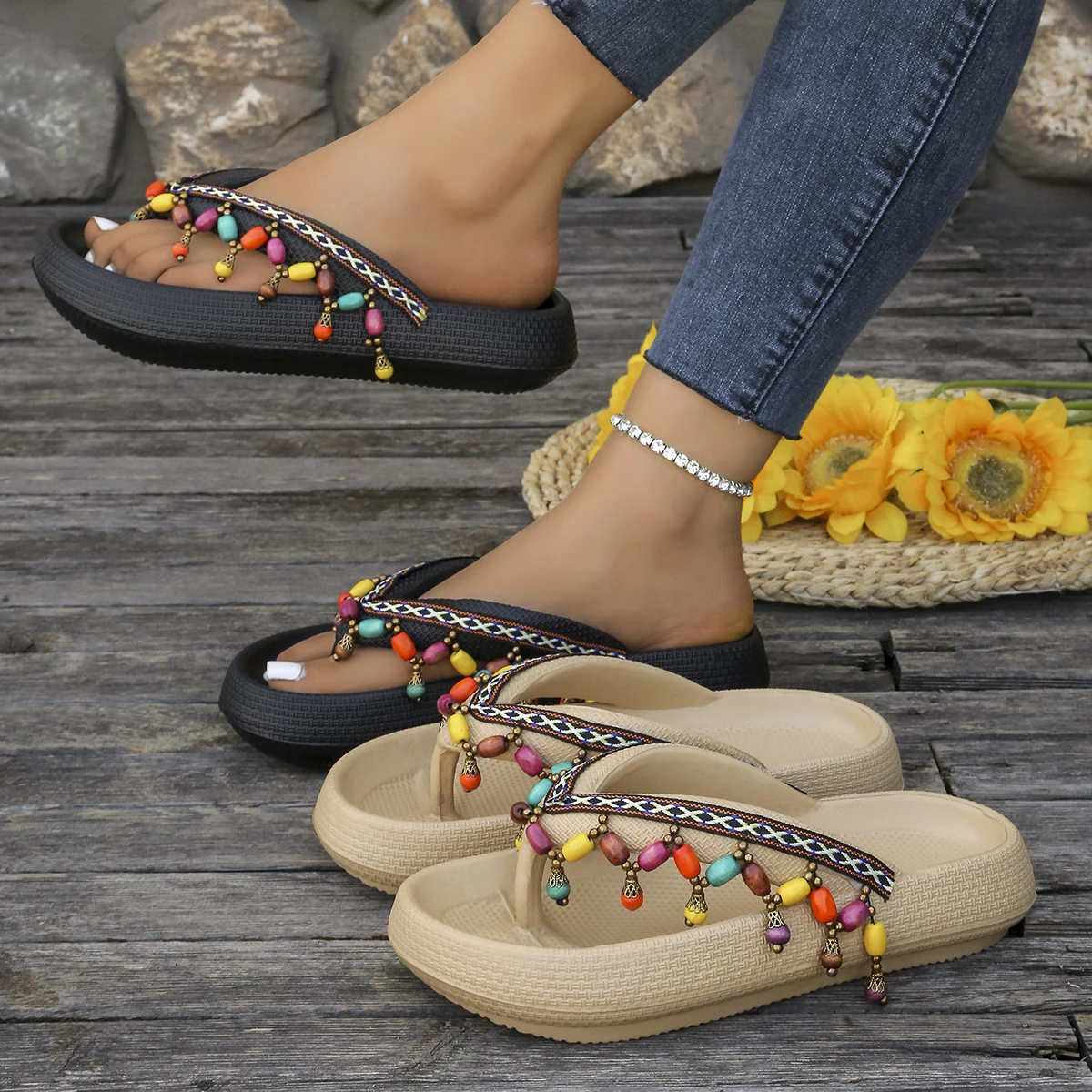 

Colorful Bead Tassel Lace Women's Summer Bohemian Style Flip Flops Beach Walking Home Use Bathing Comfort Ethnic Style Slippers