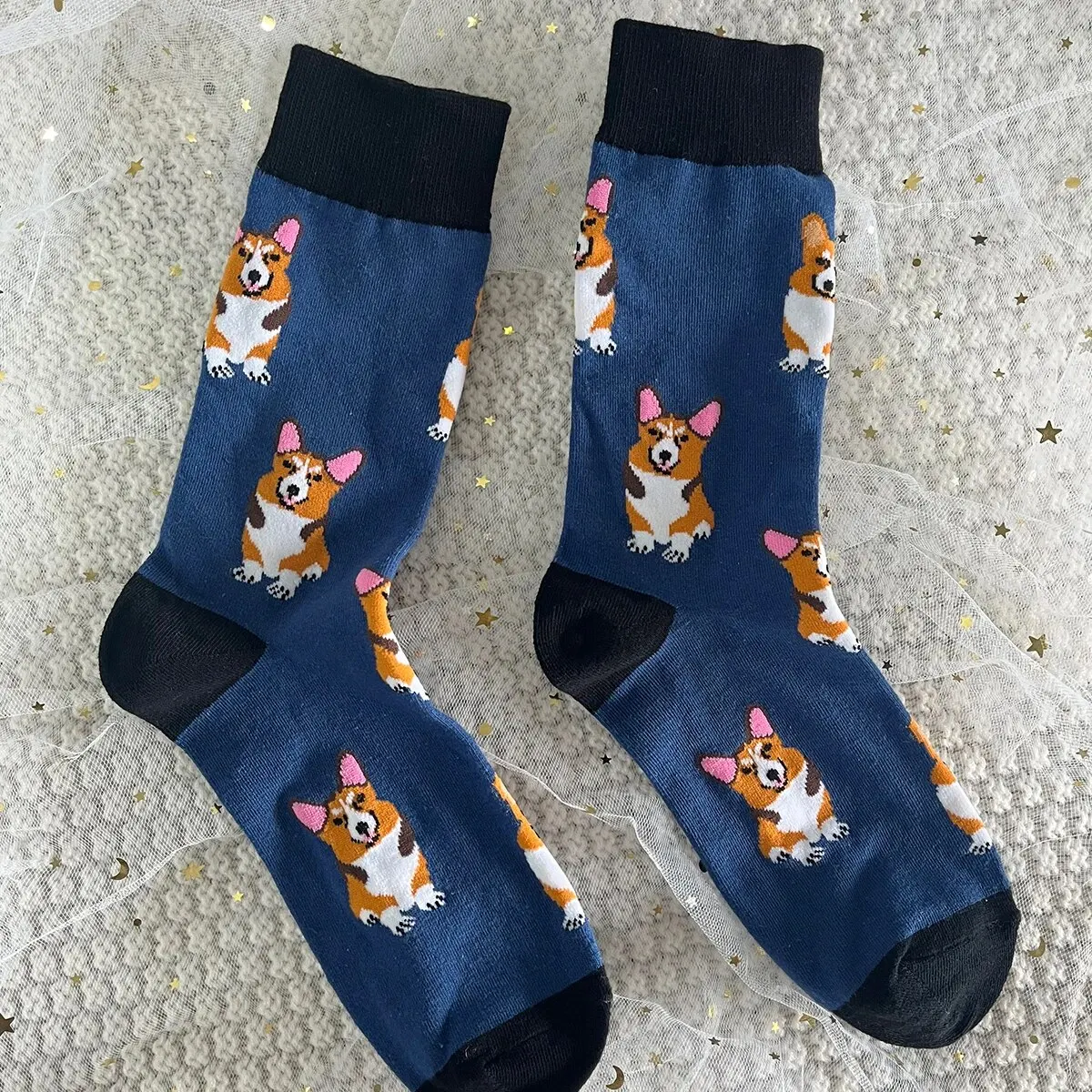 1 Pair Unisex Lovely Corgi Pattern Novelty Funny Comfy Mid Tube Socks Suit In All Seasons For Daily Street