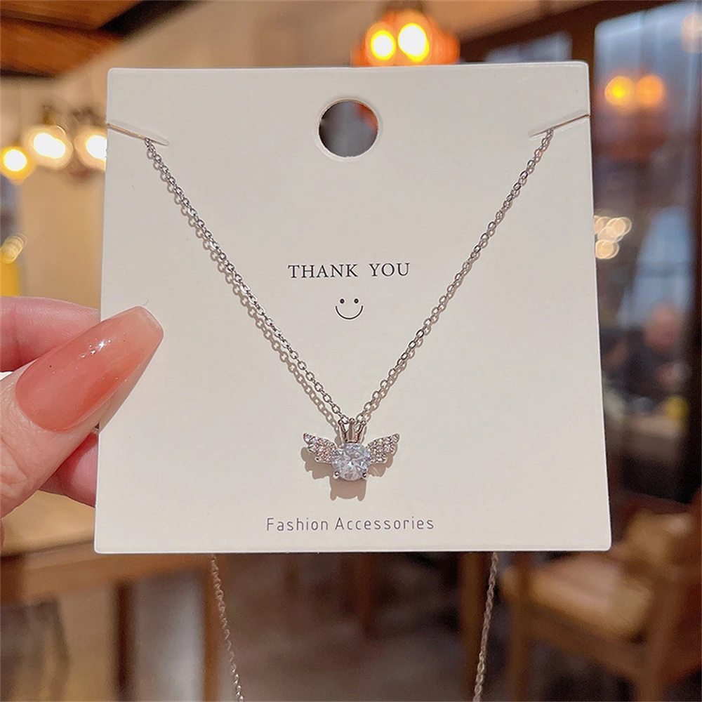 Small Angel Crown Titanium Steel Necklace for Women Girls Shiny Design Zirconia Lock Chain Trendy Silver Color Jewelry Wholesale