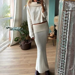 Ladies Sexy Slash Neck Sweater and Half Skirt Suit Autumn Winter Thick Knitted 2 Piece Set Simple Solid Long Sleeved Slim Outfit