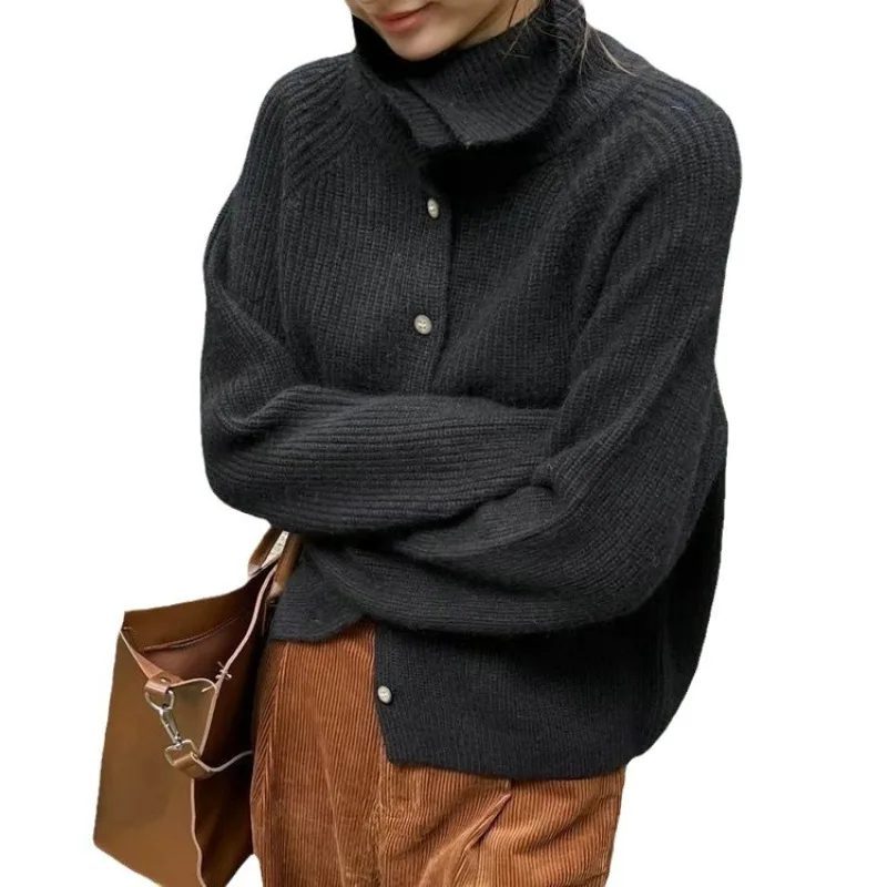 Feminino gola cardigan camisola elegante vintage com nervuras mangas compridas malha jumper único breasted roupas outono inverno