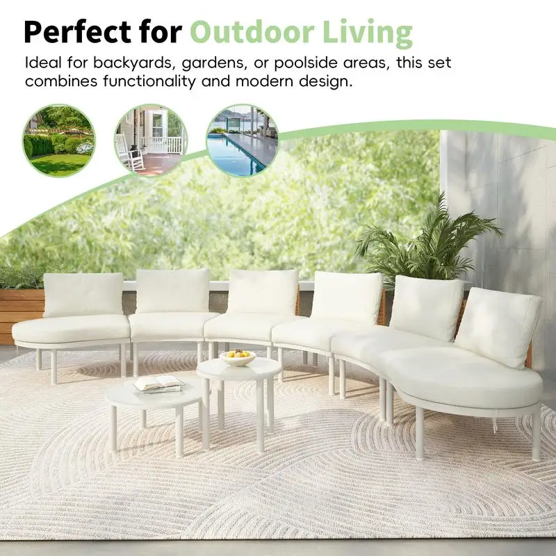 8-Piece Outdoor Sectional Sofa Set, Half Moon Design with 2 Adjustable Coffee Tables, PE Wicker Rattan, Tempered Glass,